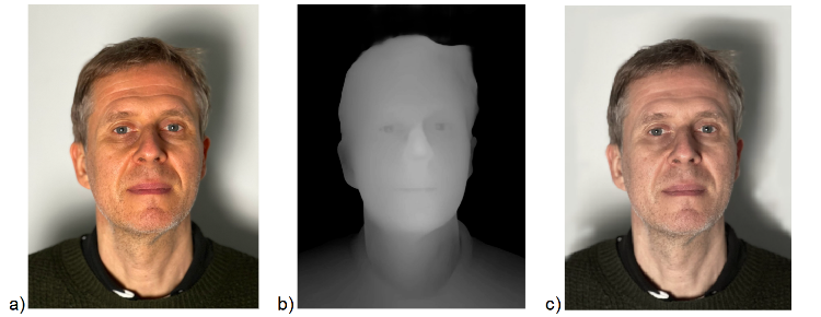Original iPhone portrait, grayscale facial depth map, and retouched portrait