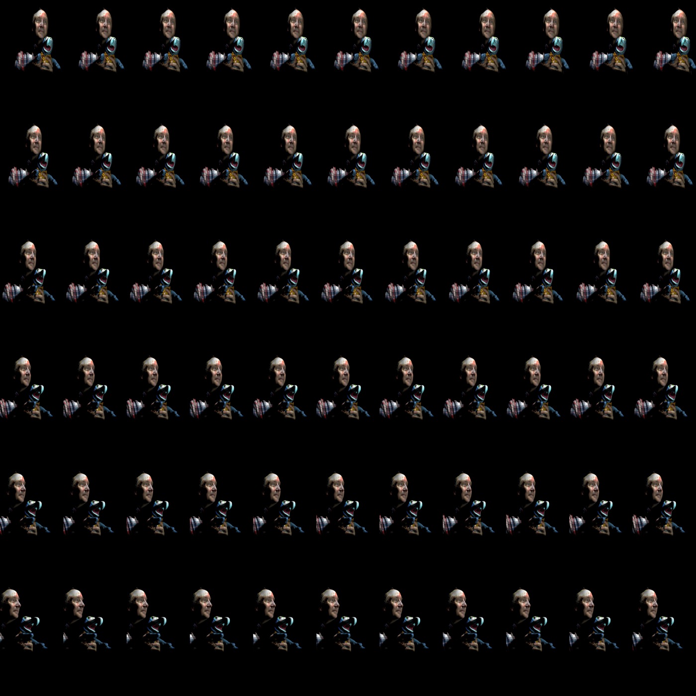 An 11 by 6 quilt of a photogrammetry self-portrait rendered against black, with neighboring horizontal viewpoints.