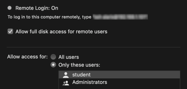Remote-login configuration used by the 2023 proof of concept. The address has been obscured in the published figure.