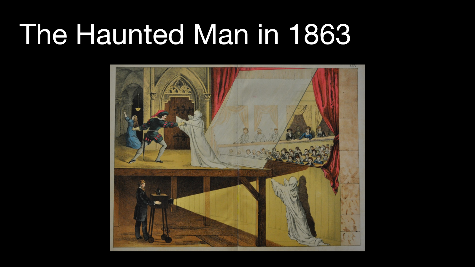 Historical theatre illustration showing a hidden performer reflected into a stage scene