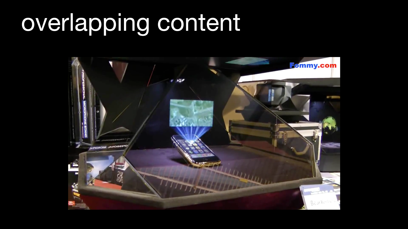 A small transparent display combining a reflected image with a physical product