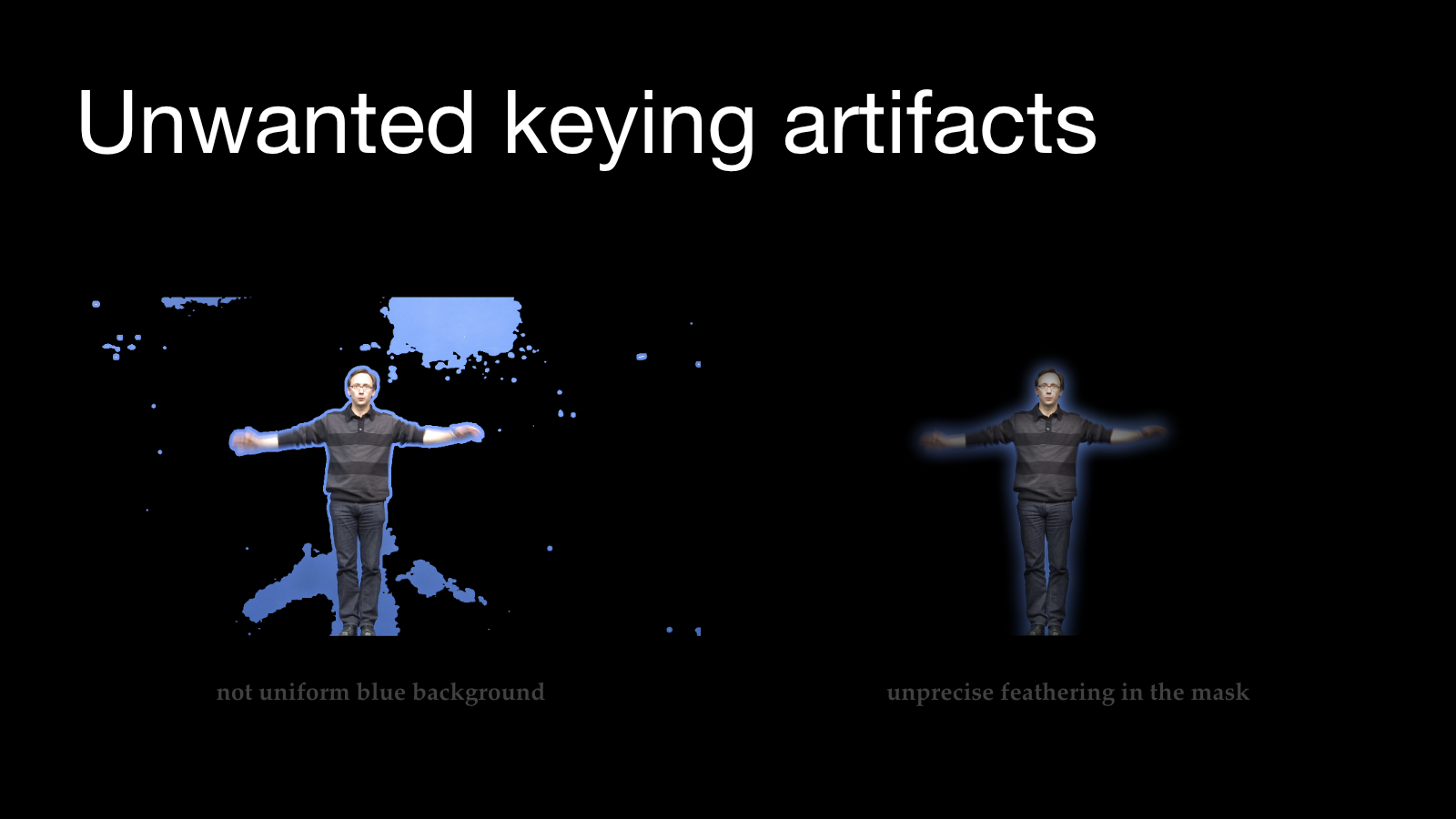 Examples of blue-screen contamination and a broad feathered halo around a keyed performer