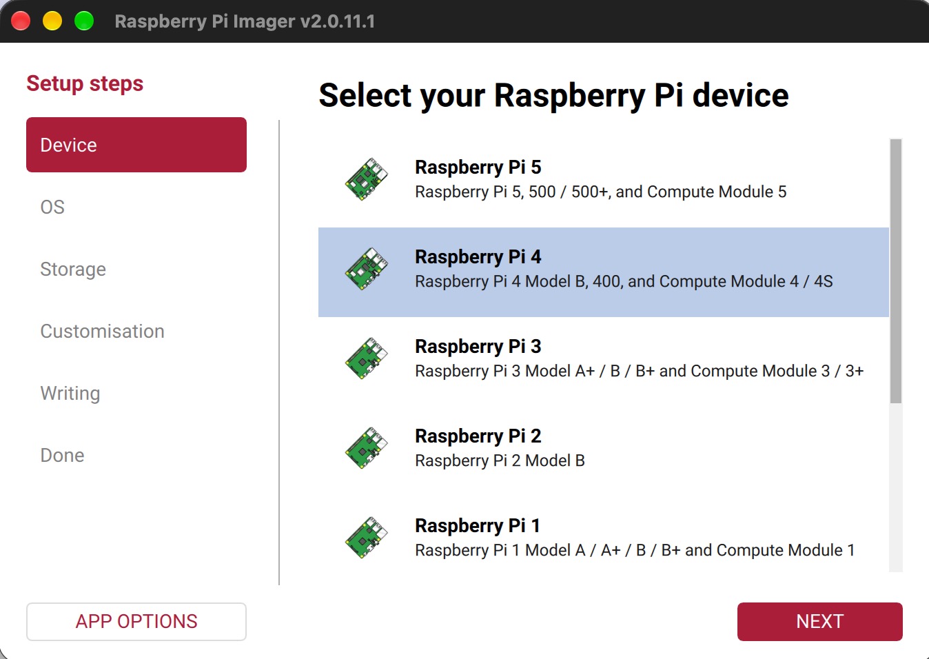 Raspberry Pi Imager with Raspberry Pi 4 Model B selected