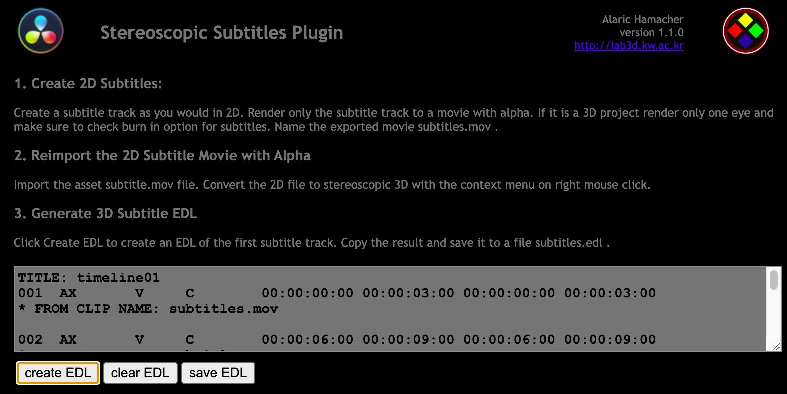 EDL Generator in the Stereoscopic Subtitles Plugin