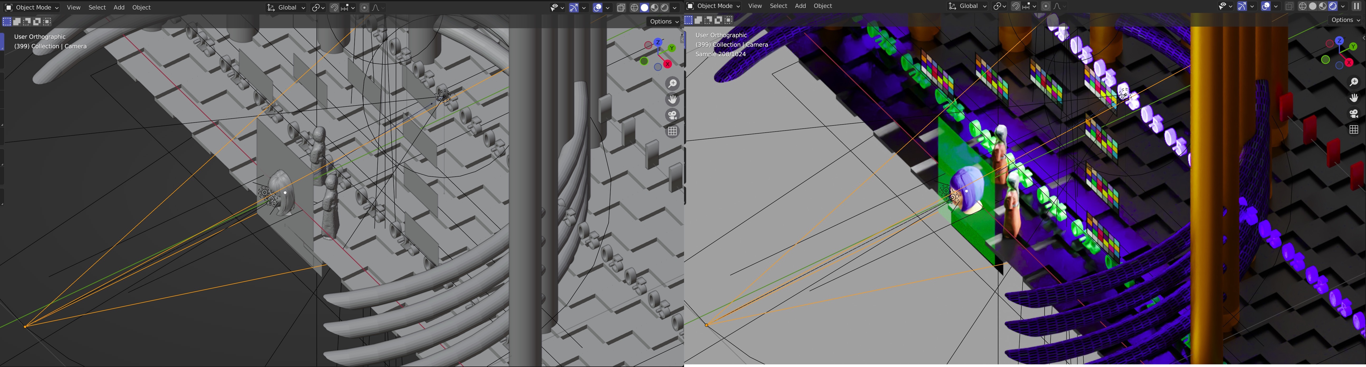 Two wide Blender viewport images showing a complex holographic test scene before and after materials