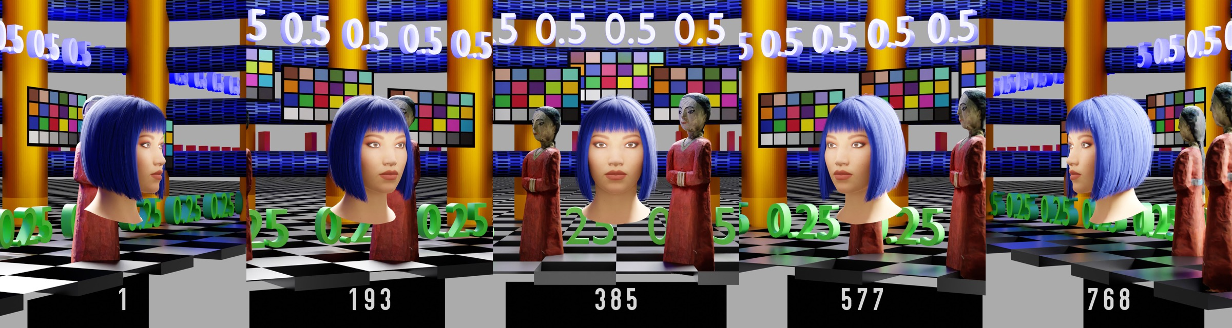 Five numbered portrait-format renders of a holographic test scene seen from different angles
