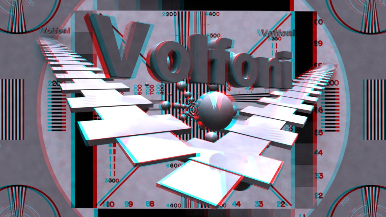 Colorful stereoscopic 3D test image with grids, depth markers, and an anaglyph title